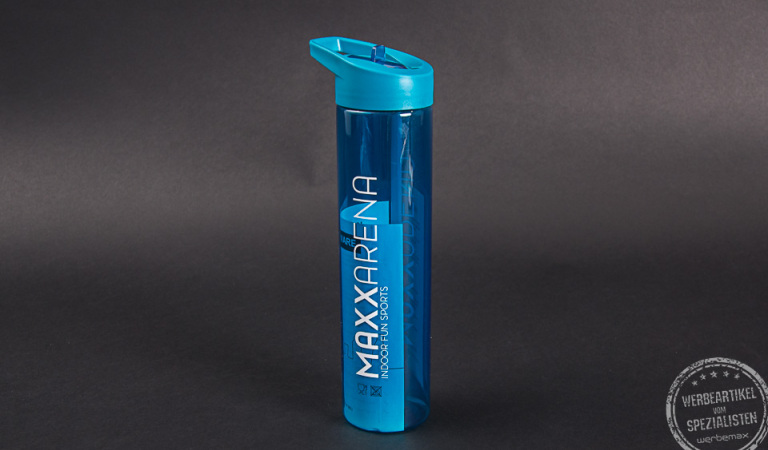 Blaue Wasserflasche mit Logo Maxxarena