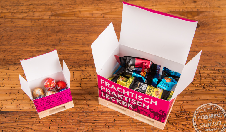 Mini Paletten mit Lindt-Füllung in groß und klein. Als Werbeartikel mit Ihrer Botschaft bedruckt