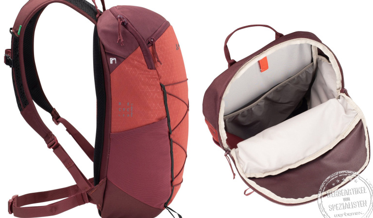 Zwei rote VAUDE Wanderrucksäcke mit Detailansicht innen.