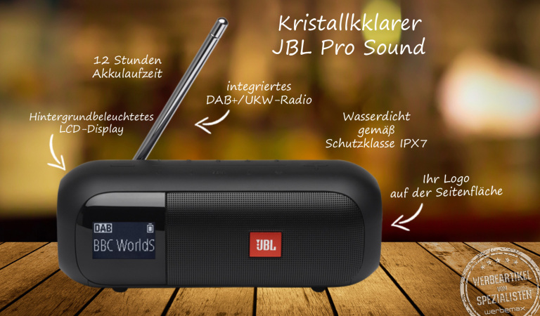 JBL Tuner 2 DAB+/UWW-Radio mit Bluetooth als Werbeartikel.
