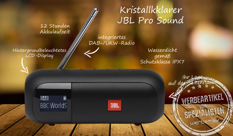 JBL Tuner 2 DAB+/UWW-Radio mit Bluetooth als Werbeartikel.