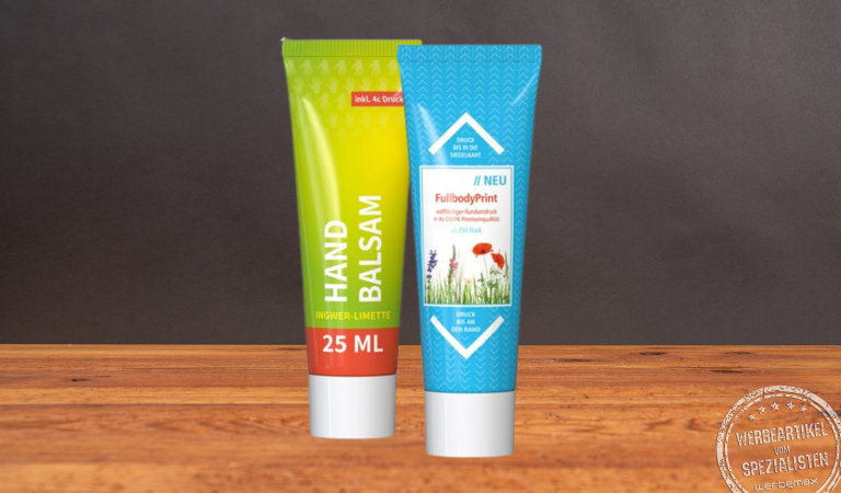 Handbalsam mit Werbedruck als Kundengeschenk.