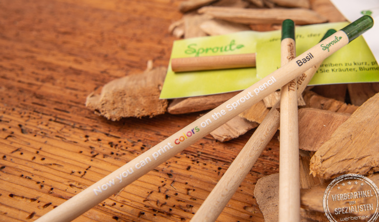 SPROUT Samenbleistift mit buntem Werbedruck als Giveaway.