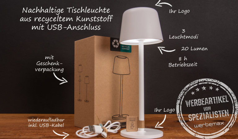 Wiederaufladbare Tischlampe Zenic in weiß mit 3 Lichtmodi