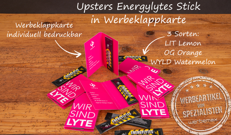 Upsters Energylytes Sticks in der vollflächig bedruckbaren Werbekarte. 