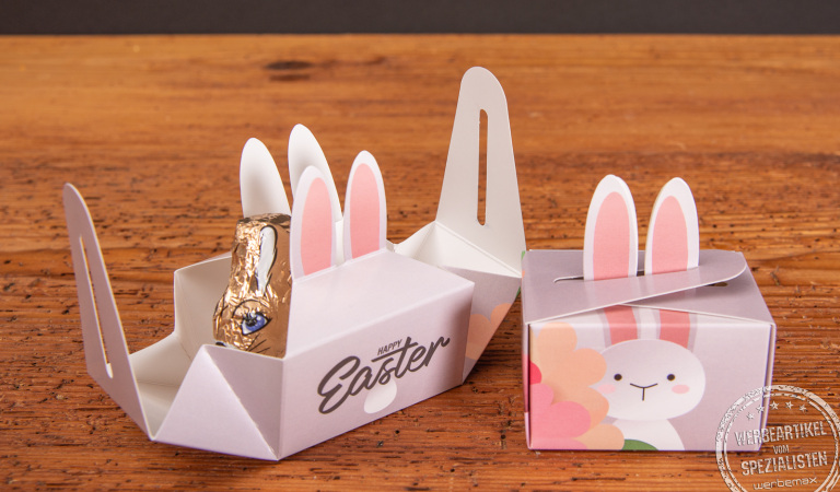 Geschenkbox Mini mit Verschluss Hasenohren f&uuml;r Ostern und F&uuml;llung Schoko-Osterhase als Merch