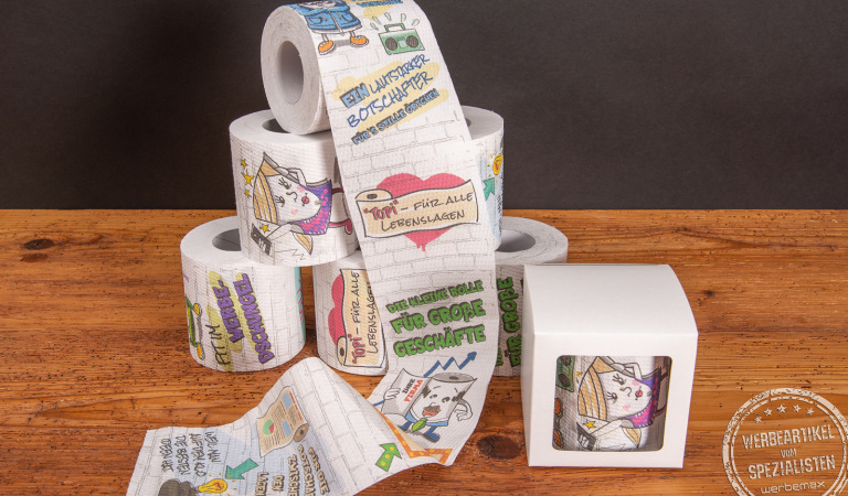 Individuell bedrucktes Klopapier mit Ihrem Logo. So lustig kann Marketing sein, kreativ und witzig werben mit einem lustigen Werbeartikel f&uuml;r jeden Tag.