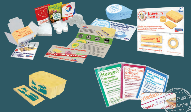 Quellschwämme in individuellen Sonderformen als Werbeartikel.