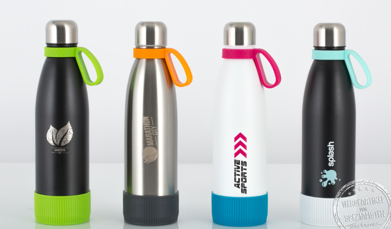 Bunte retumbler Trinkflaschen mit Logo als Werbeartikel.