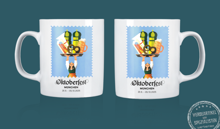 Oktoberfest Sammlertasse 2025 mit offiziellem Wiesn-Motiv – limitierte Kaffeetasse als Werbeartikel.