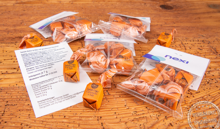 Tartufo Dolce di Alba als Streuartikel mit Logodruck auf Verpackung Referenz nexi.