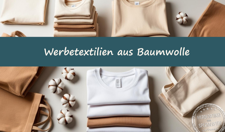Baumwoll-Textilien auf hellem Untergrund - nachhaltige Werbetextilien aus Baumwolle mit Logo veredelbar.