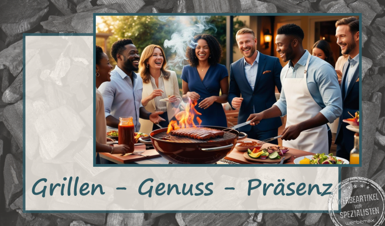 Grillendes Team bei Sommerfest – Werbegeschenke rund ums Grillen im Einsatz.