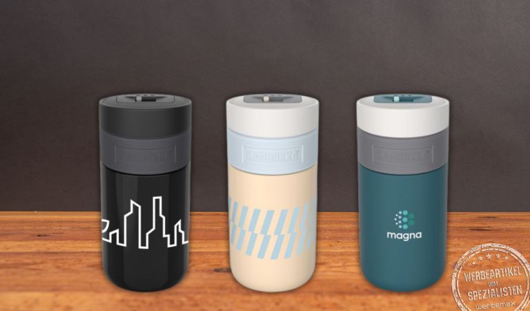 Kambukka Etna Thermobecher in den Farben schwarz, deep teal, iced latte mit 300ml Volumen und einem praktischen 3-in-1 Verschluss. Jetzt mit Logo gravieren lassen.