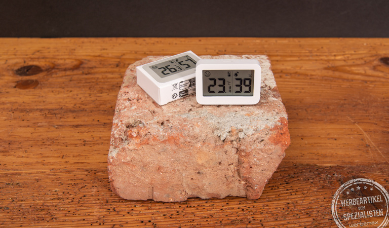 Schlichtes Hygrothermometer mit Logodruck für Büros oder als Mitarbeitergeschenk