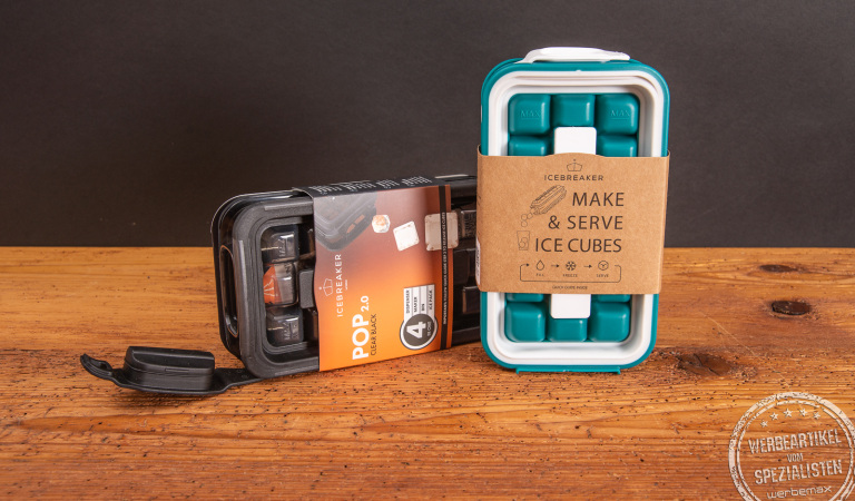 Zwei Icebreaker Pop Eisw&uuml;rfelbeh&auml;lter mit Werbebanderole als Werbegeschenk.
