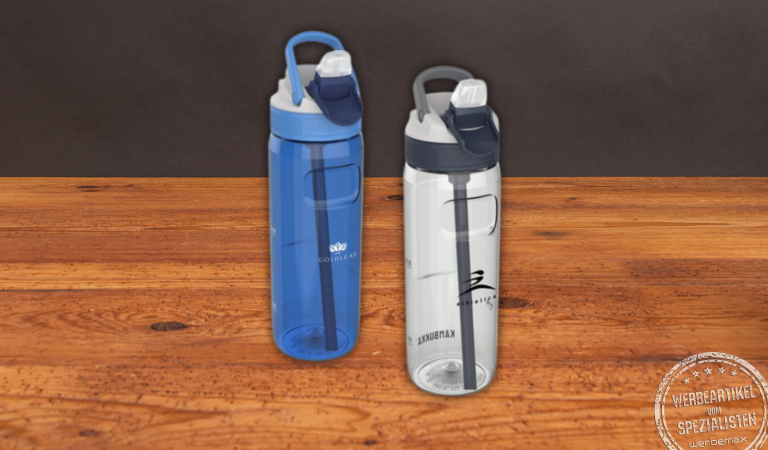 Wasserflasche mit integriertem Trinkhalm von Kambukka aus Recyclingmaterial.
