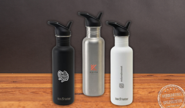 Markentrinkflasche von Klean Kanteen aus recyceltem Edelstahl. Die auslaufsichere Flasche ist mit Ihrem Logo als Druck oder Gravur verfügbar.