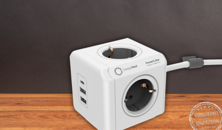Mehrfachsteckdose mit USB-C-Anschluss als Werbeartikel.