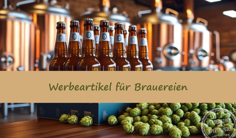 Brauerei mit Braukessel im Hintergrund, davor Hopfen und mehrere Flaschen Bier.