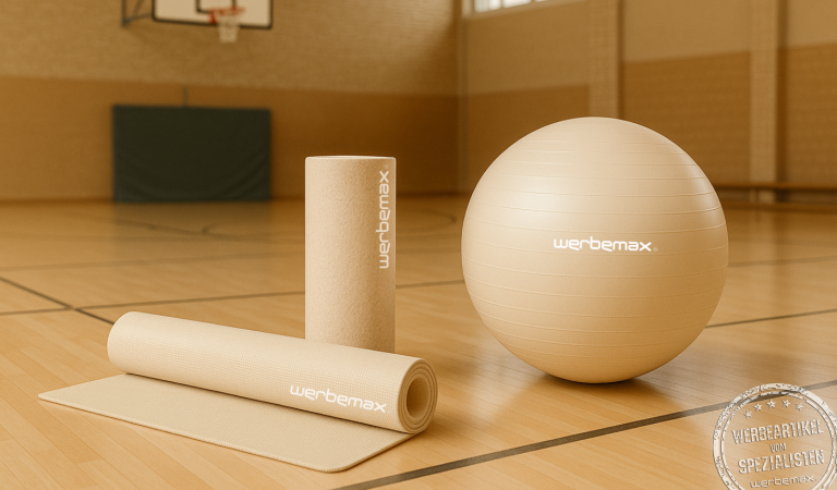 Nachhaltige Fitnesswerbeartikel, wie Yogamatte, Fascienrolle und Gymnastikball in Turnhalle.