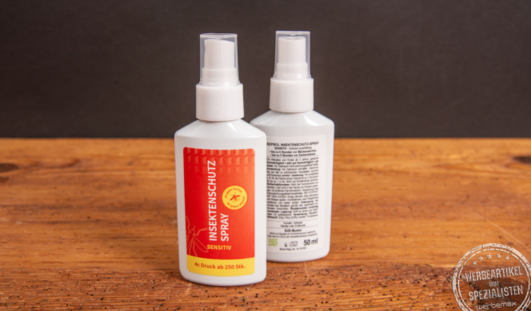 50ml Insektenschutz in einer kleinen Sprühflasche mit individuell-bedrucktem Etikett.