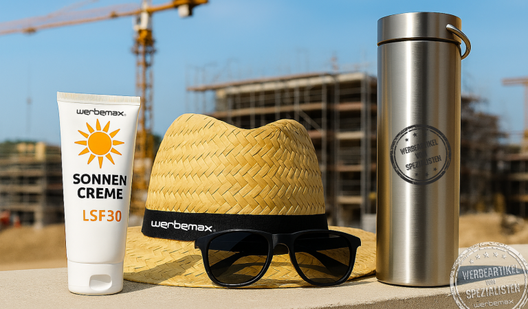 Sonnencreme, Strohhut, Sonnenbrille und Edelstahl-Trinkflasche auf einer Betonmauer, im Hintergrund eine Baustelle mit Kran und Rohbau bei sonnigem Wetter – Symbolbild für Sonnenschutz und Arbeitsschutz im Außenbereich.