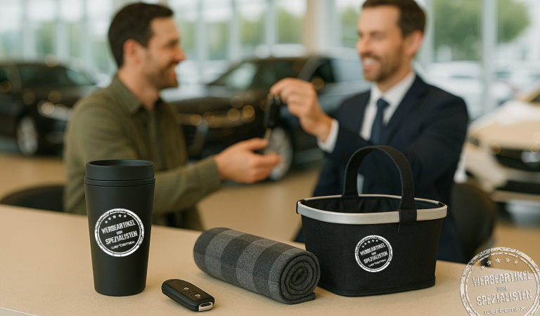 Werbeartikel für Autohäuser aufgebaut auf einer Theke in einem Autohaus mit Verkäufer und Kunde im Hintergrund.