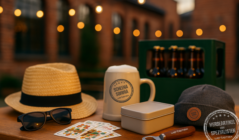 Brauerei , davor Werbeartikel, wie Sonnenbrille, Strohhut oder Flaschenöffner und mehrere Flaschen Bier.