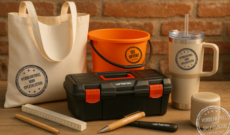 Verschiedene Werbeartikel mit Logo für das Handwerk.