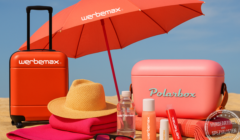 Sommerliche Werbeartikel am Strand: Trolley, Polarbox Kühlbox, Sonnencreme, Wasserflasche, Sonnenbrille und Strohhut auf Sand mit Sonnenschirm.
