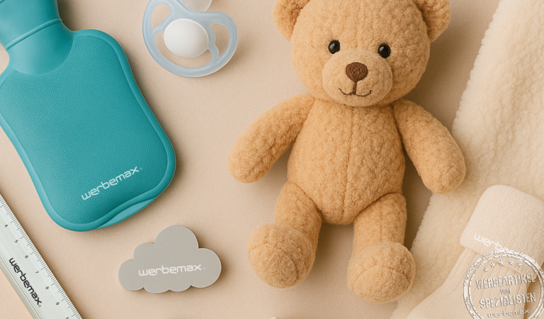 Teddybär, Wärmflasche, Socken und Schnuller als Werbegeschenk-Ideen zur Geburt.