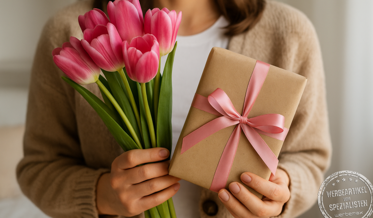 Frau hält einen Strauß rosa Tulpen und ein in Kraftpapier mit rosa Schleife verpacktes Geschenk zum Weltfrauentag am 8. März.