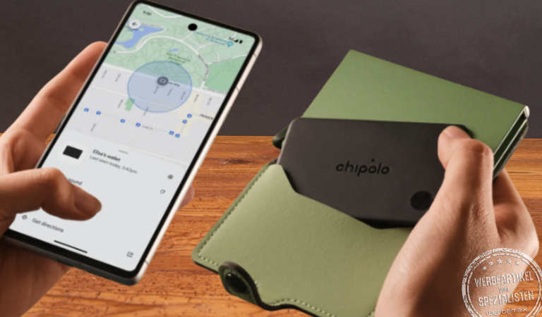 Chipolo Card wiederaufladbarer Tracker mit Smartphone-Anbindung &ndash; schlanker Werbeartikel zur Ortung von Geldbeutel und Taschen, erh&auml;ltlich bei werbemax als ideales Business-Geschenk.