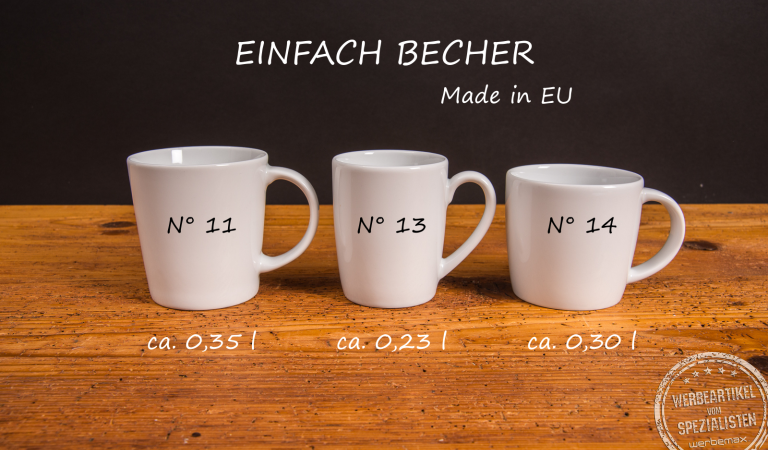Drei weiße Porzellanbecher als Werbetassen mit Modellbeschreibung.