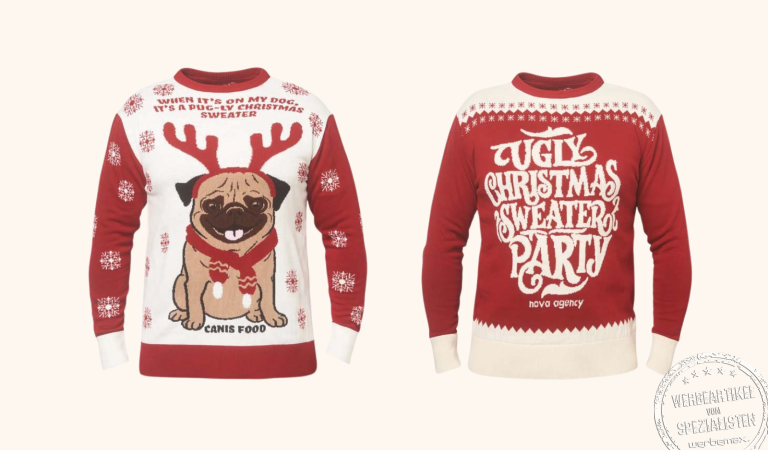 Zwei rote Ugly Christmas Sweater: links Mops mit Geweih, rechts Schriftzug ‚Ugly Christmas Sweater Party‘.