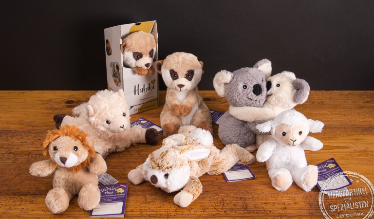 Habibi Plush Wärmekuscheltiere Sortiment – niedliche Wärmetiere mit Hirsefüllung als Werbegeschenke mit Logo