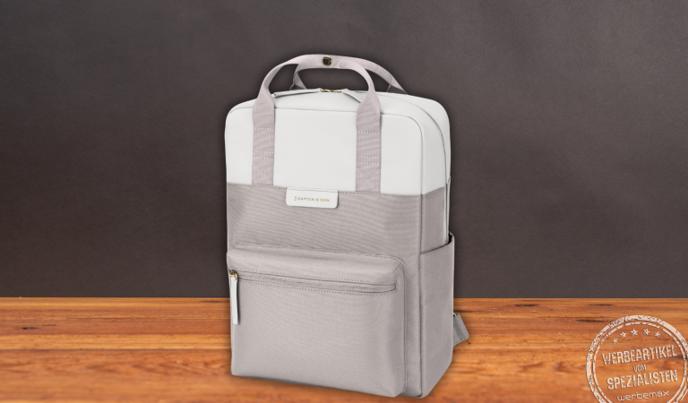 Kapten and Son Rucksack Bergen in Grau-Weiß – moderner Business-Rucksack als Premium Werbeartikel für Firmen.