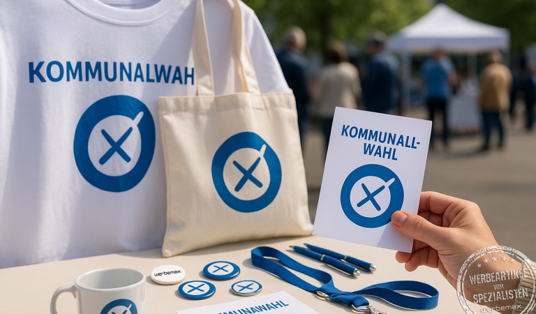 Verschiedene Werbemittel wie T-Shirt, Stofftasche, Buttons, Flyer, Lanyard und Tasse mit Wahlkreuz-Symbol auf einem Tisch bei einer kommunalen Veranstaltung im Freien.