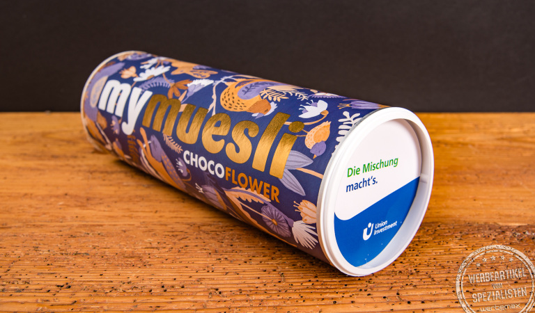 mymuesli Dose Choco Flower – personalisierbares Müsli als Werbegeschenk mit Markenaufdruck.