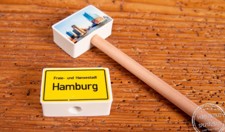 Aufsteckradiergummi Hamburg mit individuell bedruckbarem Rechteck-Körper und Holzstift, ideal als Werbegeschenk für Kinder und Tourismus.