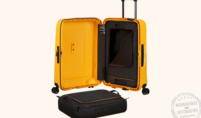 Samsonite Koffer Essens Gelb offen mit großem Packwürfel für strukturiertes Reisen im Handgepäck.