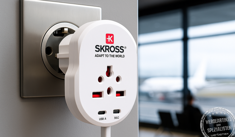 SKROSS Reiseadapter PRO mit USB in einer Flughafen-Steckdose eingesteckt, idealer Weltadapter als hochwertiger Werbeartikel für internationale Geschäftsreisende.