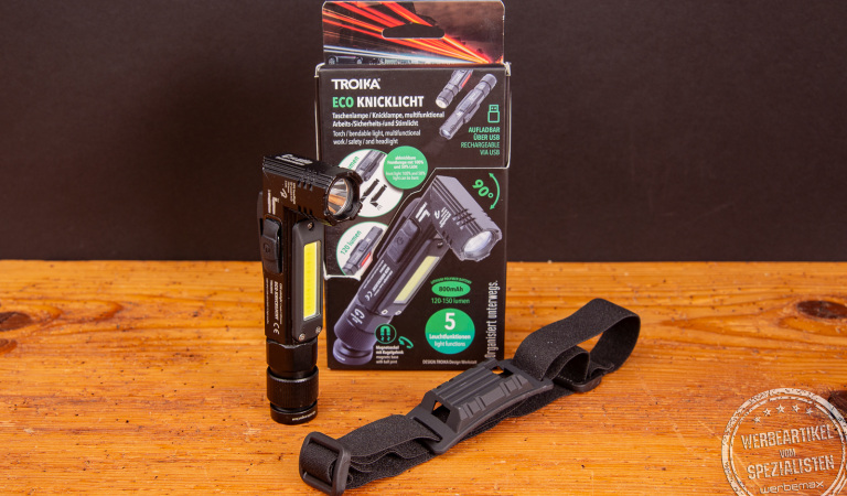 TROIKA ECO Knicklicht mit Verpackung und Stirnband – multifunktionale, wiederaufladbare LED-Taschenlampe mit Logo als nachhaltiger Werbeartikel für Handwerk, Outdoor und Sicherheit.