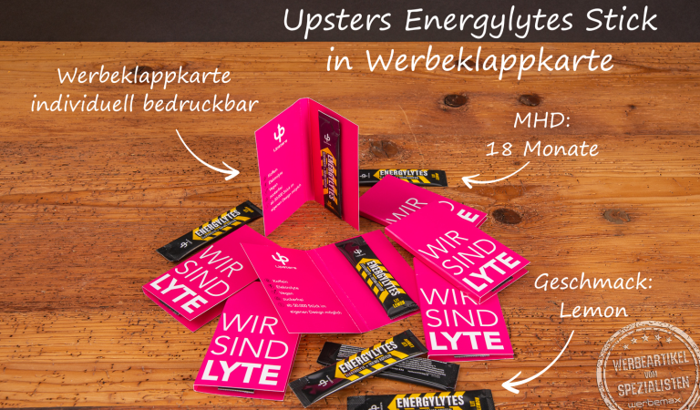 Upsters Energylites Stick in individuell bedruckbarer Werbeklappkarte als Streuartikel – Elektrolyt-Stick Lemon, 18 Monate haltbar, ideal als Werbegeschenk oder Promotionartikel.