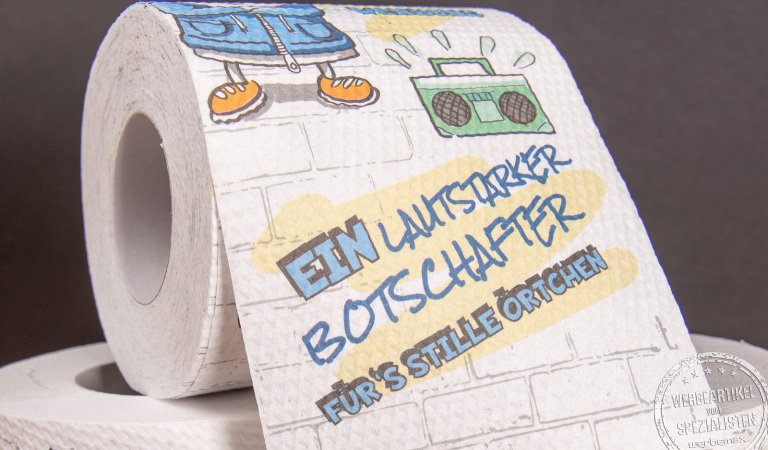 Bedrucktes Toilettenpapier von Elektro Hartinger mit humorvoller Botschaft als kreativer Messe-Werbeartikel für hohe Aufmerksamkeit.