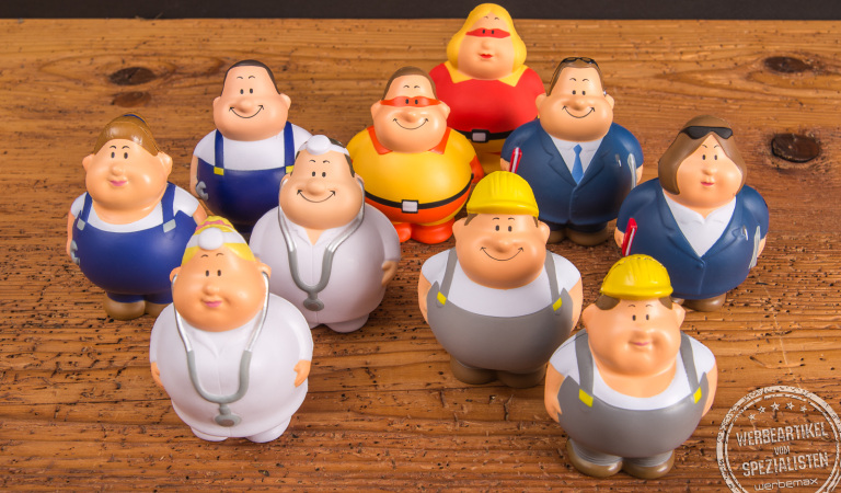 Handtrainer Knautschb&auml;lle als lustige Charaktere in vielen Berufen. Mit Logodruck auf der Vorderseite zum netten Markenbotschafter machen. 