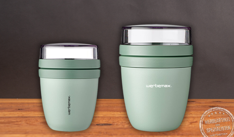 Zwei gr&uuml;ne Mepal Lunchpot Ellipse Beh&auml;lter in unterschiedlichen Gr&ouml;&szlig;en mit werbemax Logo, ideal als individuell bedruckbare Werbeartikel f&uuml;r Lunch und Snacks.