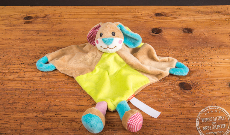 Schmusetuch Hase aus Pl&uuml;sch, flaches Schnuffeltuch f&uuml;r Babys mit bunten Pfoten und Logo-F&auml;hnchen