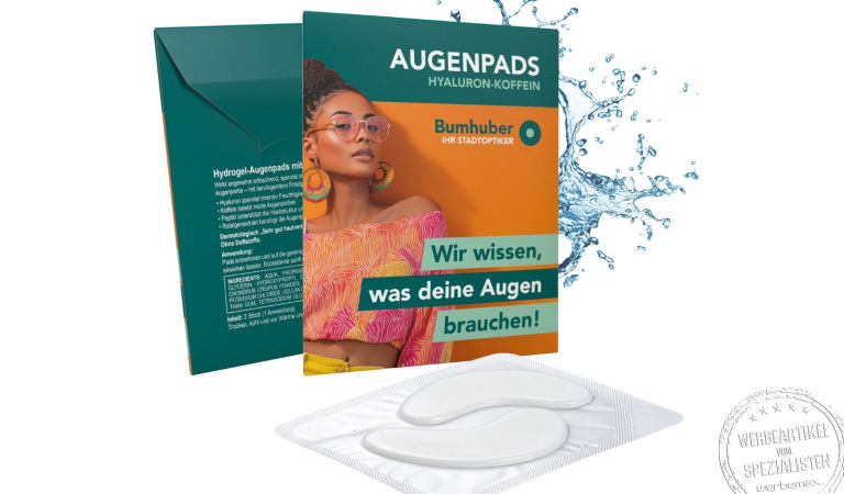 Augenpads mit Hyaluron als originelles Giveaway f&uuml;r Frauen und M&auml;nner. Perfekt f&uuml;r Messen, Azubi Marketing, Festivals und Mailings.